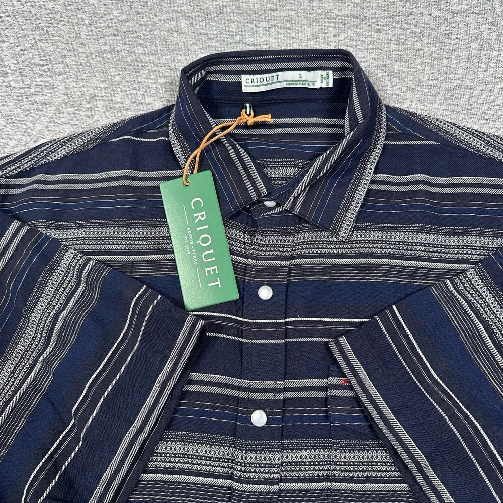Criquet Shirt Mens Large Blue Hemp Stripe Pearl Snap Short Sleeve Button Up NEW